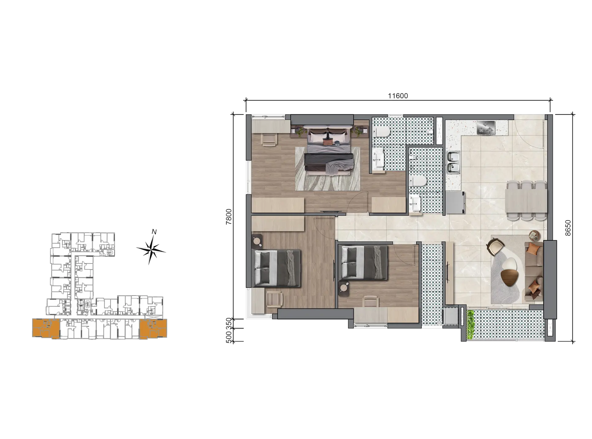 Căn hộ 3 phòng ngủ legacy 66